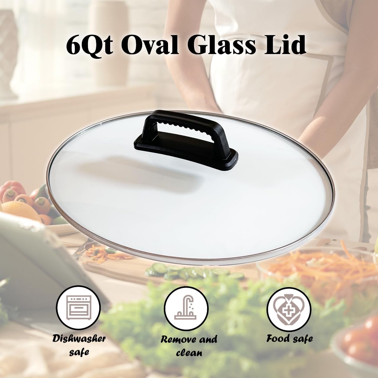 6 Quart Oval Slow Cooker Glass Lid Replacement, 12-1/4" x 9-3/4", Fits Crock-Pot, Hamilton Beach, Black+Decker & Most 6 Qt Slow Cookers