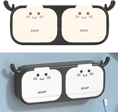 Miniatura 2 de Caja de jabón para montar en la pared, soporte para jabonera de pared, soporte para jabonera de ducha, 2 espacios de drenaje, mantiene las barras de