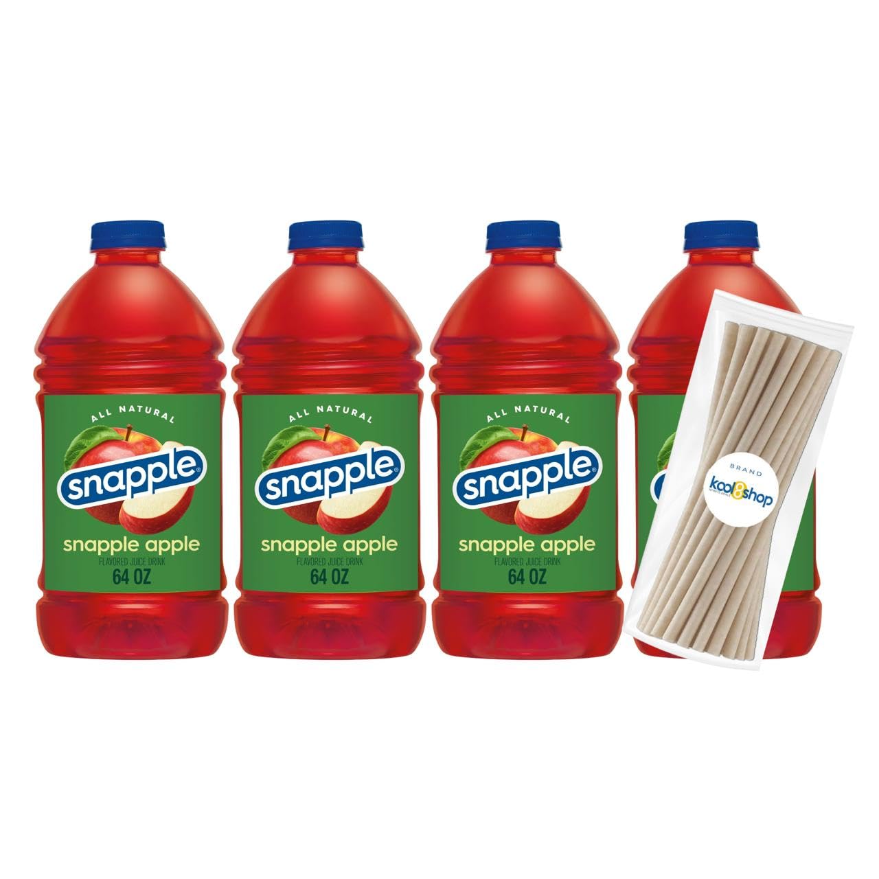 Snapple Apple All Natural Fruit Juice 64 fl oz Plastic Bottle 4 Pack + 15 Sugarcane Disposable Straws by KOOL8SHOP Infinite Deals