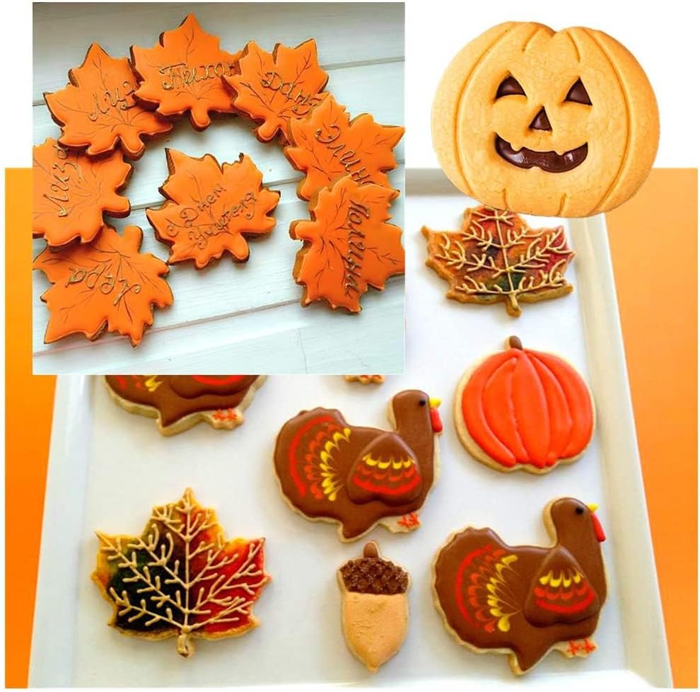 Miniatura 7 de Juego de 4 cortadores de galletas grandes de otoño de Acción de Gracias con instrucciones de receta, formas navideñas de calabaza, hoja de arce,