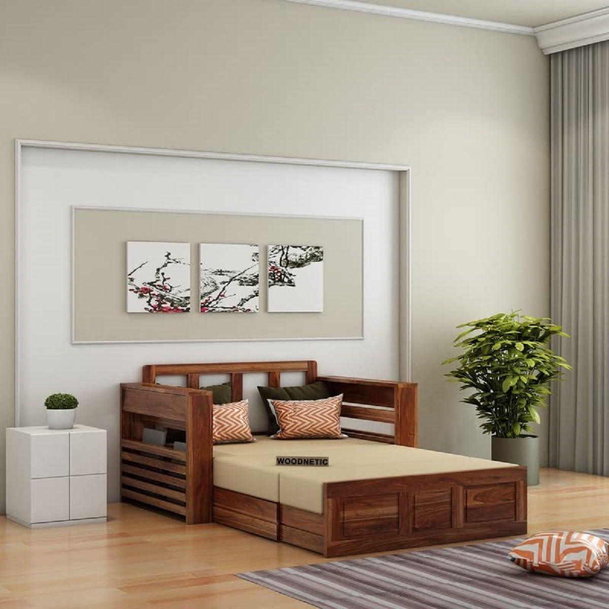 Solid Sheesham Wood 2 Seater Sofa Cum Bed With Side Pockets Multipurpose Decorative Furniture For Living Room Bedroom Home Office – Honey Finish, 2-Person Sofa, Brown Solid Sheesham Wood 2 Seater Sofa Cum Bed With Side Pockets Multipurpose Decorative Furniture For Living Room Bedroom Home Office – Honey Finish, 2-Person Sofa, Brown