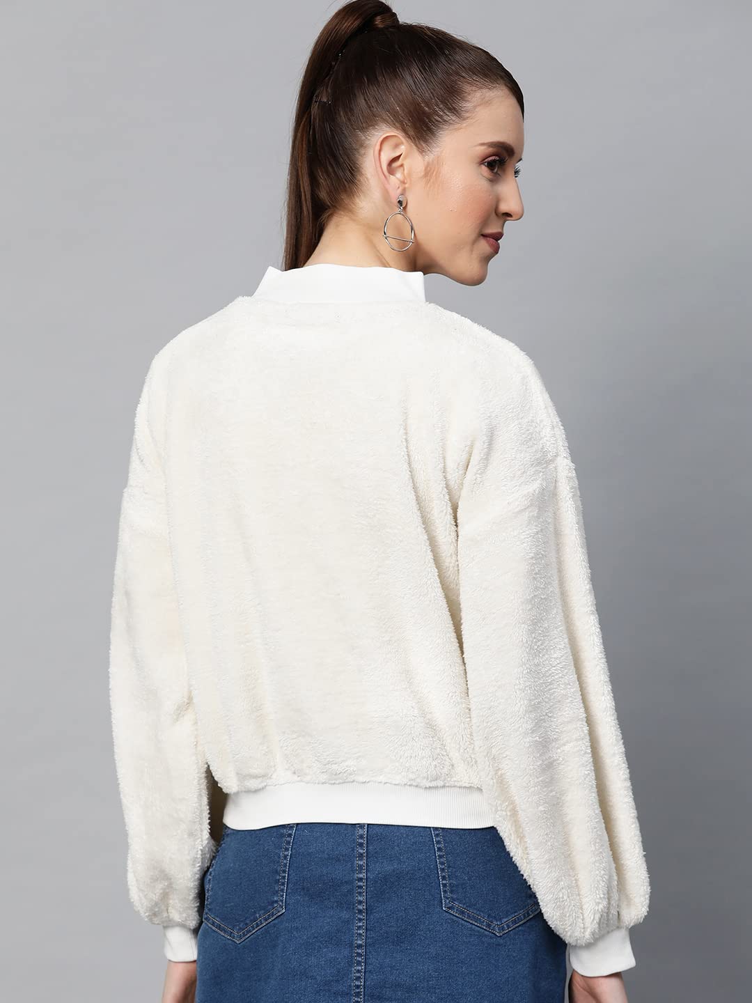 SASSAFRAS White Balloon Sleeve Faux Fur Sweatshirt 1