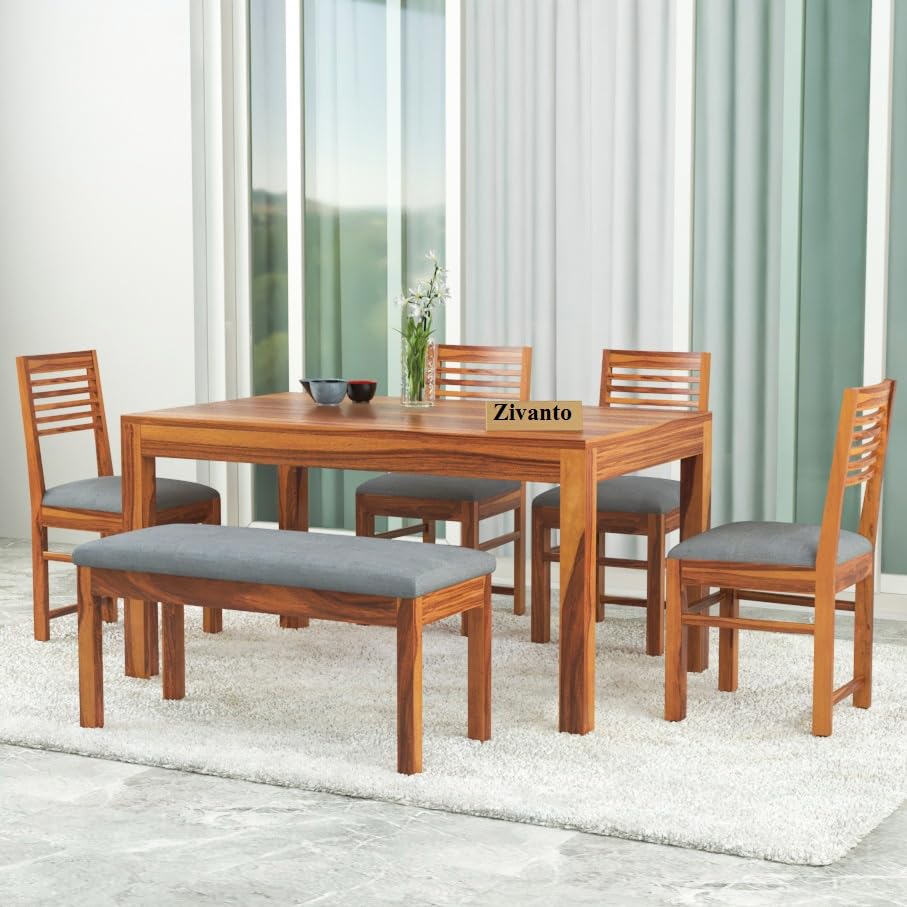 Image of Solid Sheesham Wood Dining Table 6 Seater | Rectangle Six Seater Dinning Table with 4 Chairs & 1 Bench for Home | Kitchen Dinner Table 6 Seater | Dining Room Sets for Restaurants | Teak Finish
