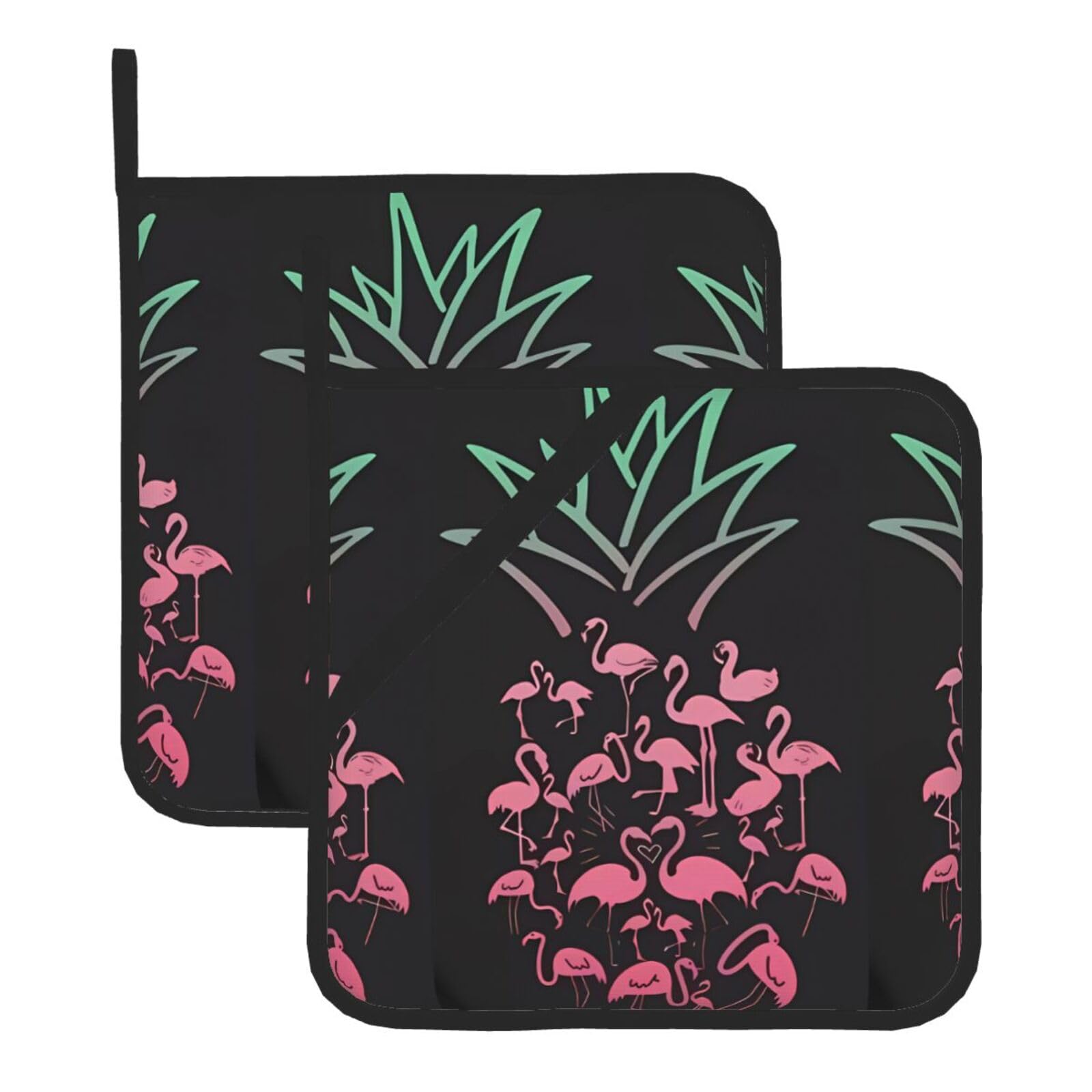 WHJSHOP pineapple flamingos Prints Square Hot Pads for Kitchen - Waterproof Pot Covers with Hanging Loops - Thick Heat Resistant Trivets for Serving & BBQ, 2-Piece Set