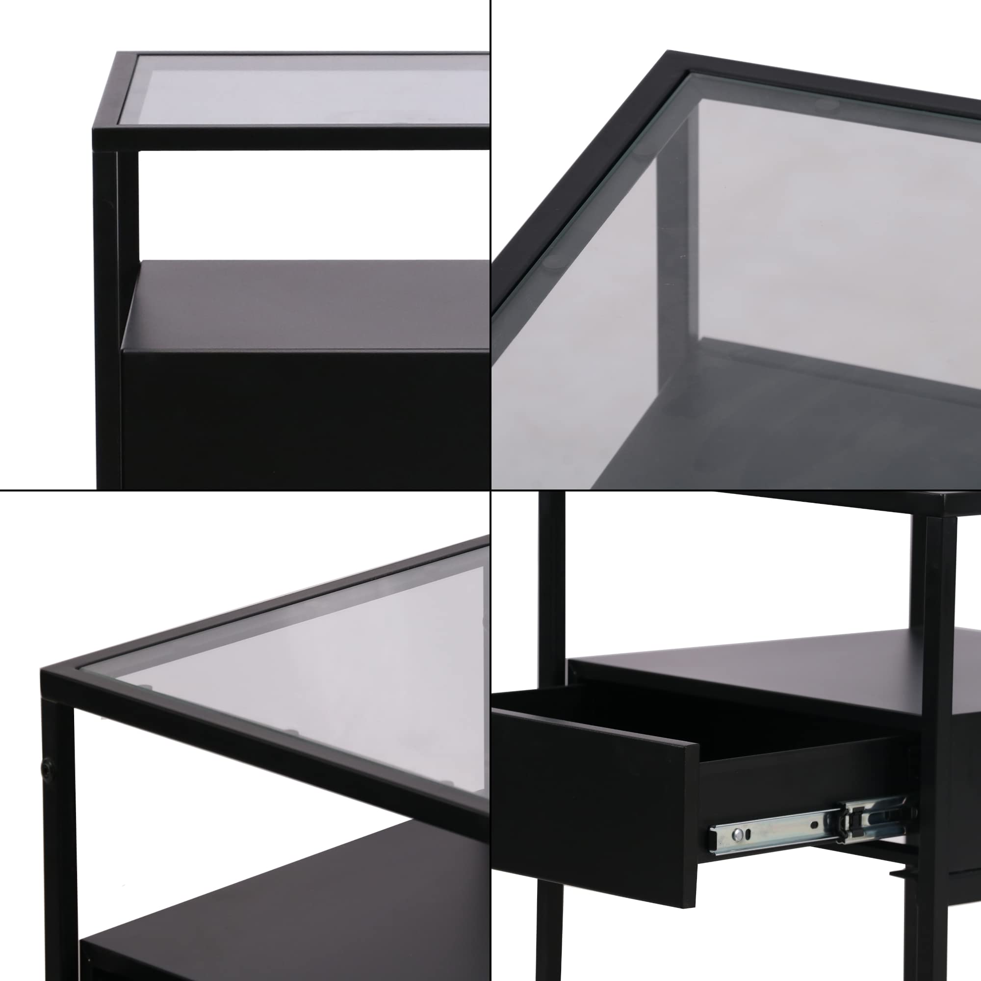 [en.casa] Comodino in Acciaio Tavolino Basso da Divano 51 x 40 x 40 cm con Piano Tavolo in Vetro Temperato Tavolino a Cubo con Cassetto e Scomparto Aperto - Nero Opaco