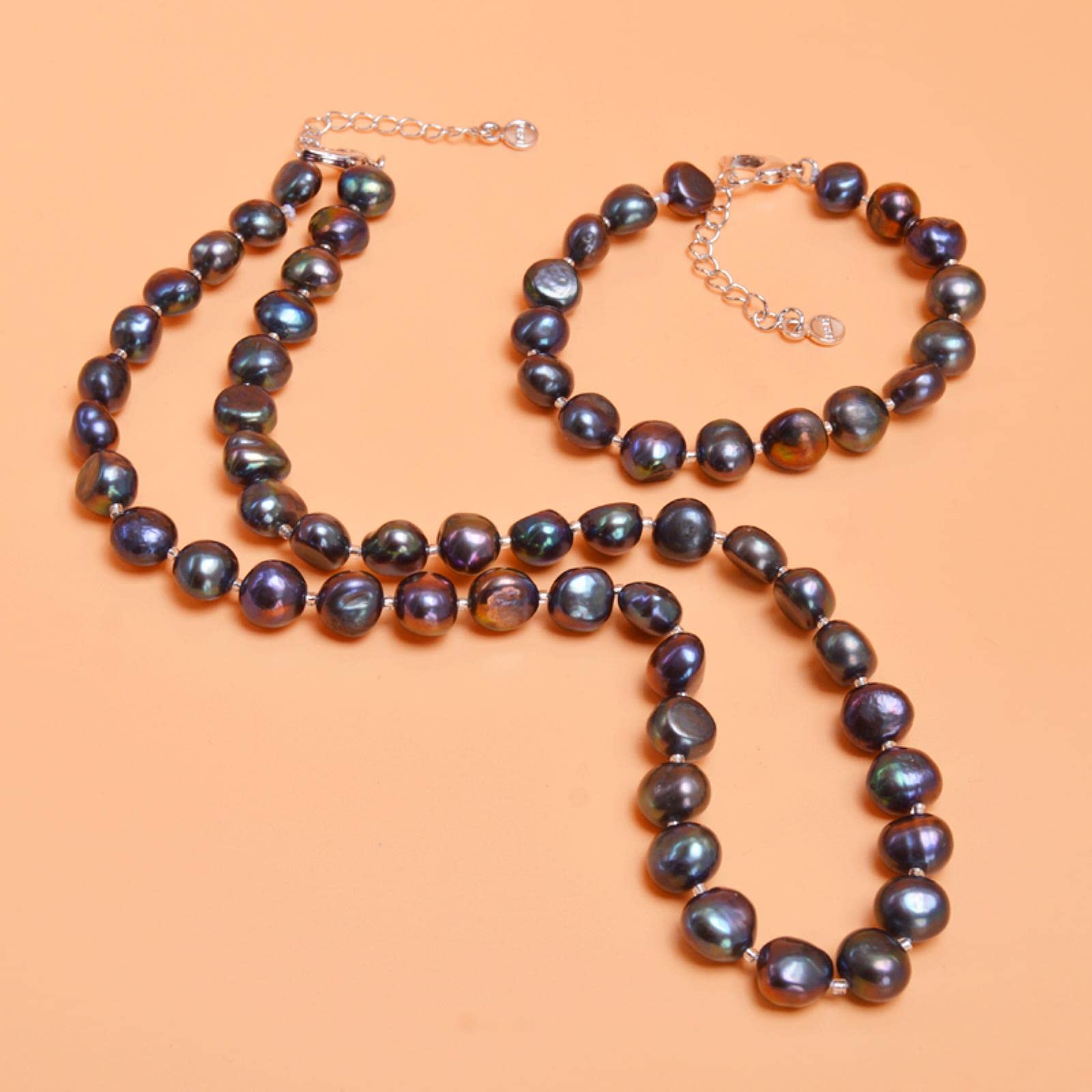 SALAN Echte Natürliche Barocke Perlenschmuck-Sets Gary Black Halskette Armband Für Frauen Neu 45cm