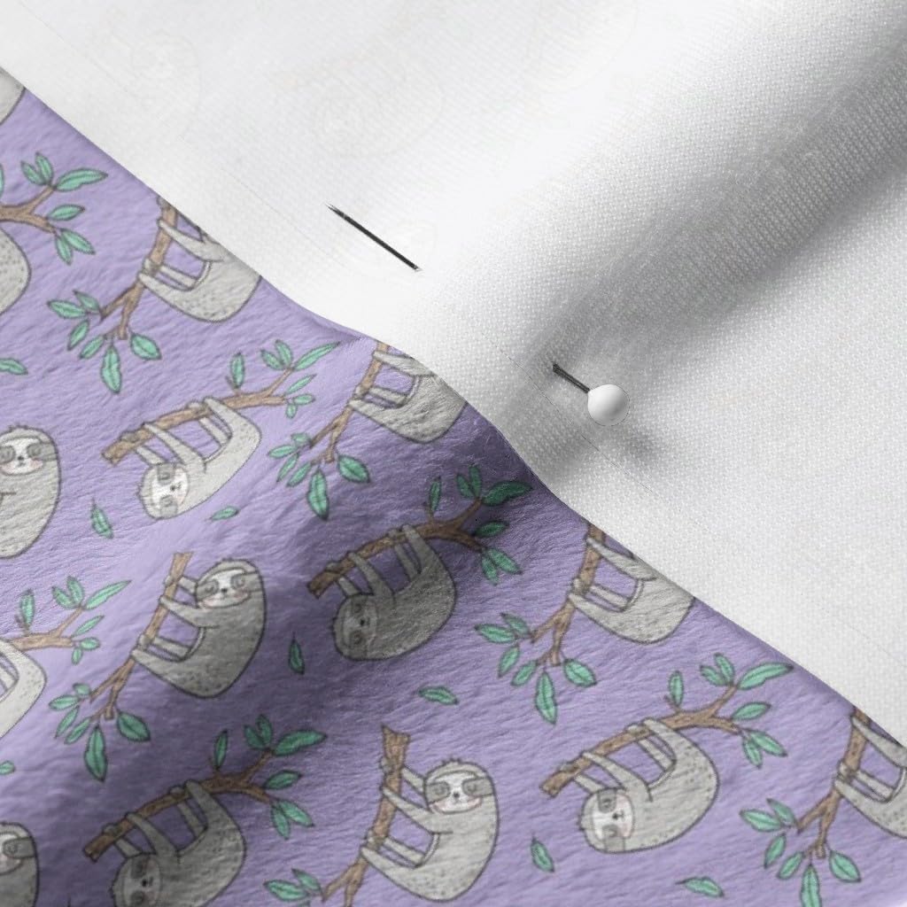 Spoonflower Fabric - Sloth Sloths Tree Branch Leaves Lavender Purple Tiny Small Forest Printed on Minky Fabric by The Yard - Sewing Baby Blankets Quilt Backing Plush