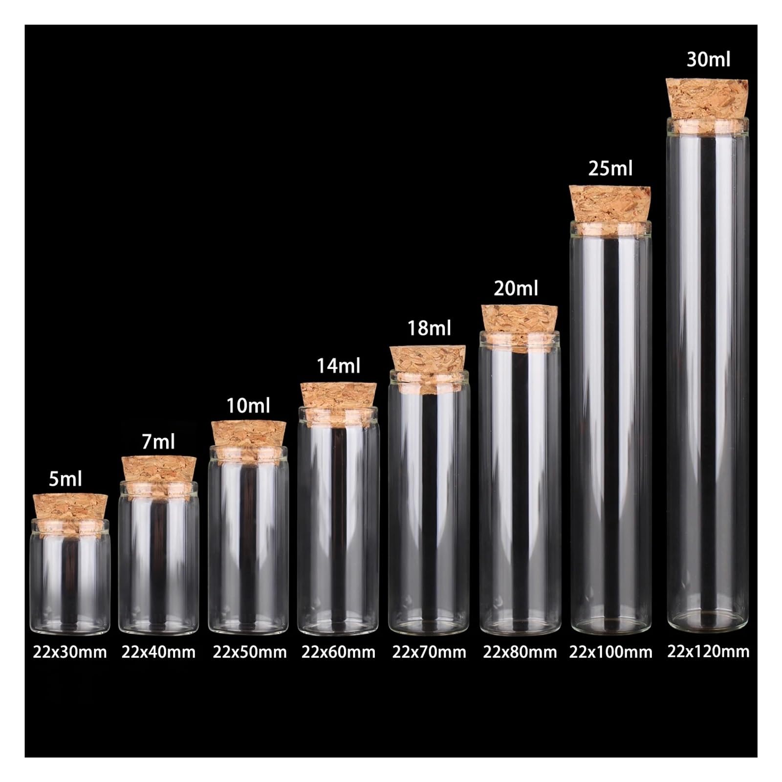 Provette di Vetro, Provette in Vetro con Tappo in Sughero, Confezione da 24, 5 ml-30 ml, Diverse Misure(25ml-100mm)