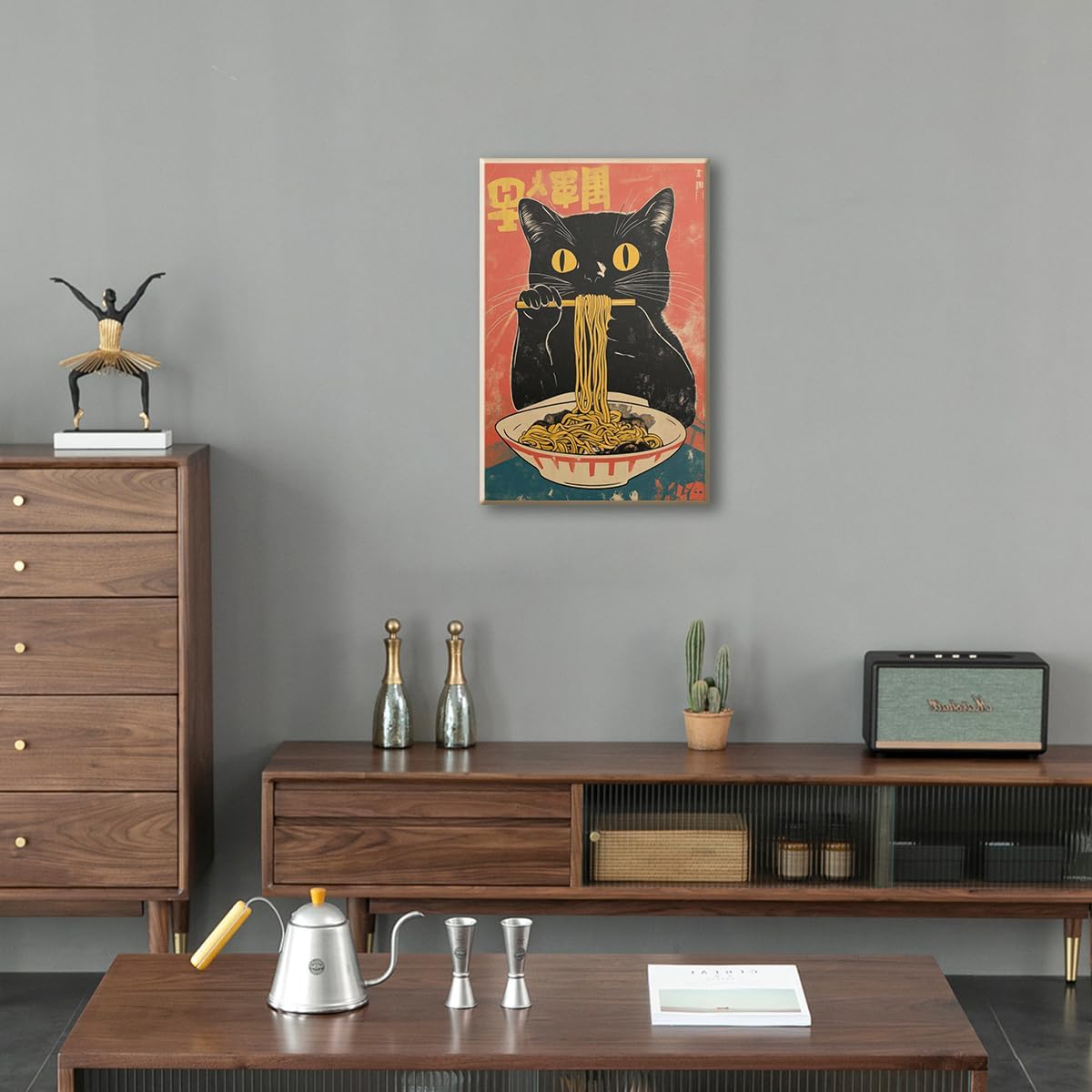 Vintage Japanese Cat Canvas Wall Art, Quirky Black Cat Eating Ramen Poster, Retro Funny Animal Food Art Print, Unique Kitchen Dining Room Wall Decor, Noodle Lover Gift 8x12in Wrapped Canvas