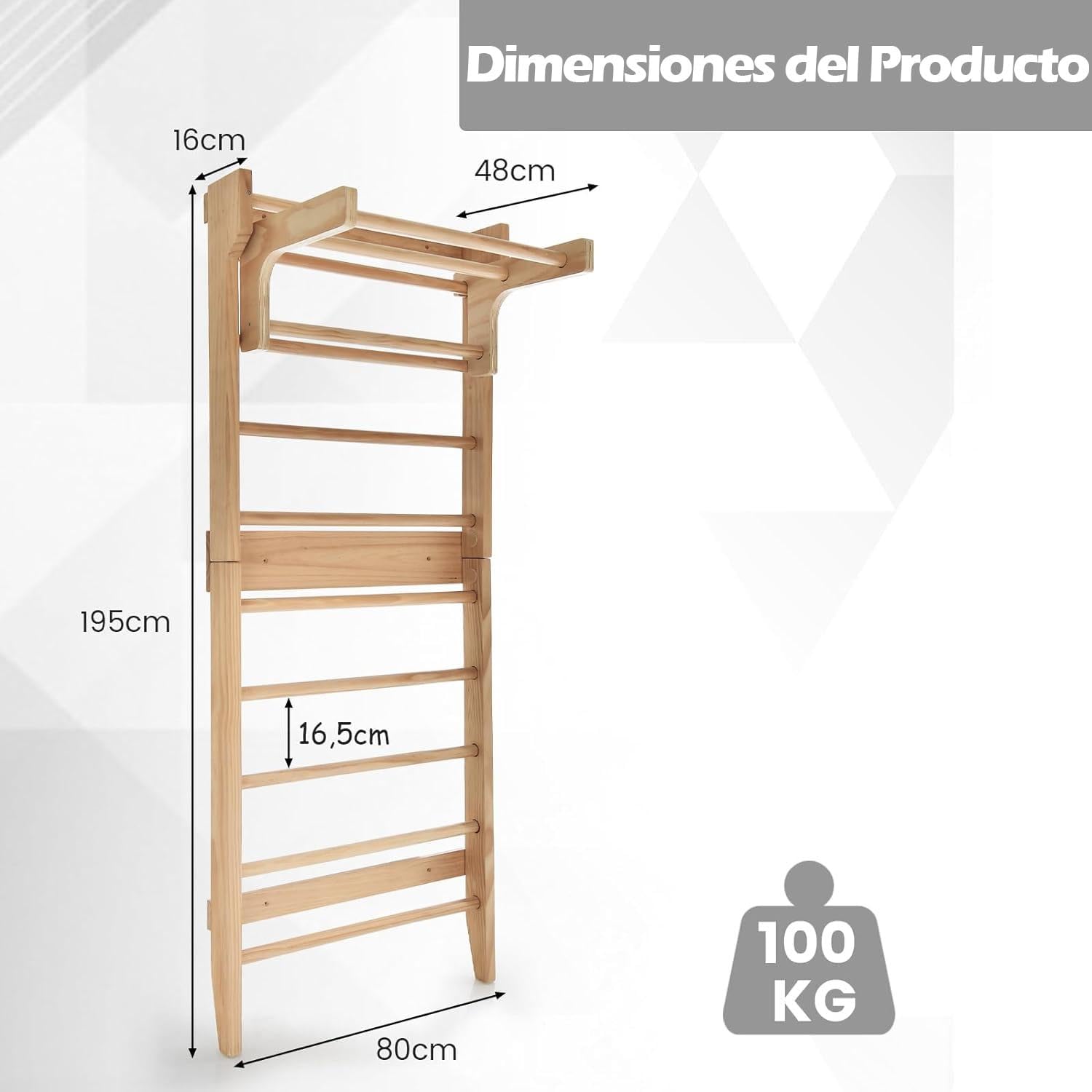 GYMAX Espaldera de Madera con Barra de Dominadas de Altura Ajustable, Estructura de Escalada de 195 x 80 cm para Adultos y Niños, para Fisioterapia, Gimnasia, Fitness, Soporta hasta 100 kg