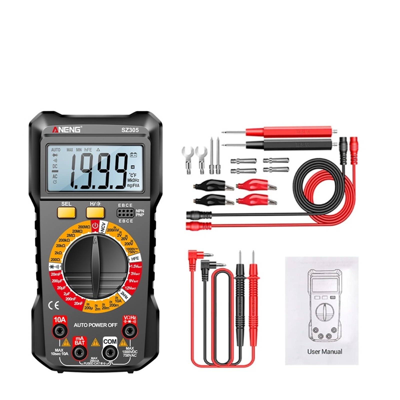 SZ305 1999 profesjonalny licznik multimetru AC/DC tester napięcia amperomierz kondensator hFE trioda Hz detektor instrumentu elektryka (SZ305 Black Pro)
