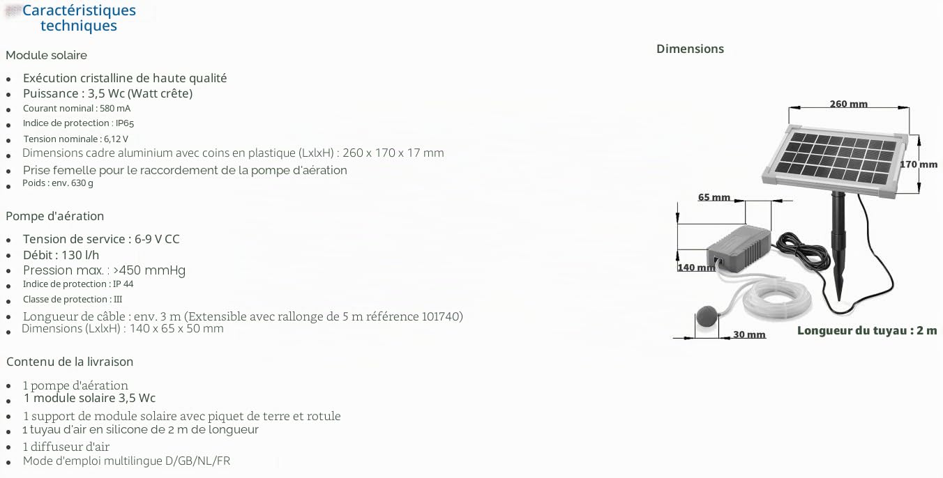 esotec Aérateur solaire de bassin 3.5/130, aération de bassin, pompe à oxygène, débit d'air 130 l/h, module solaire 3,5 W, piquet de terre, tuyau d'air, 101841