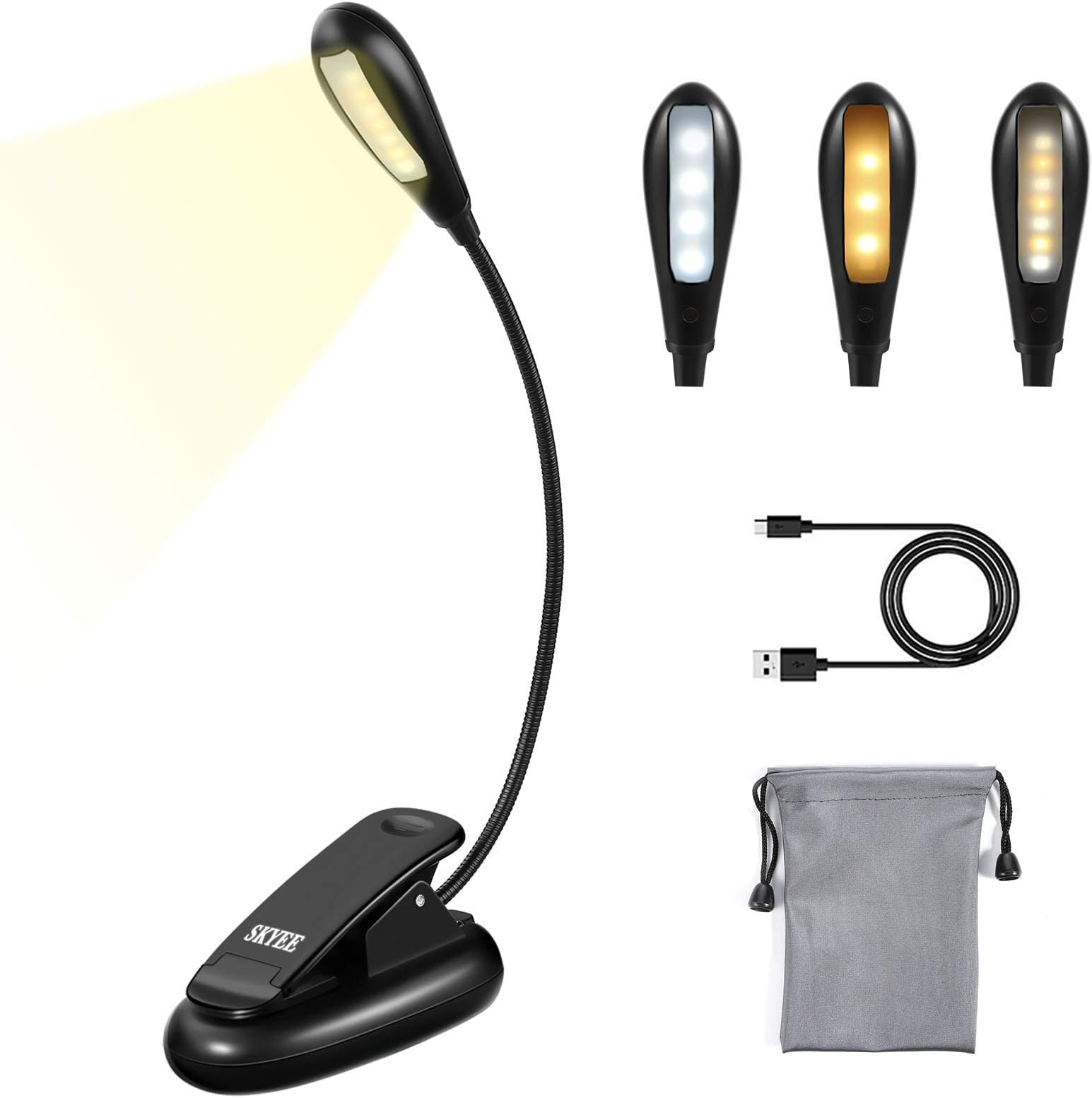 SKYEE LED Reading Light, Portable Book Light 7 LEDs 3 Lighting Modes (Warm, White, Warm&White Light), USB Rechargeable, Eye Care, Music Stand Clip Light for Bed, Book, Laptop and etc