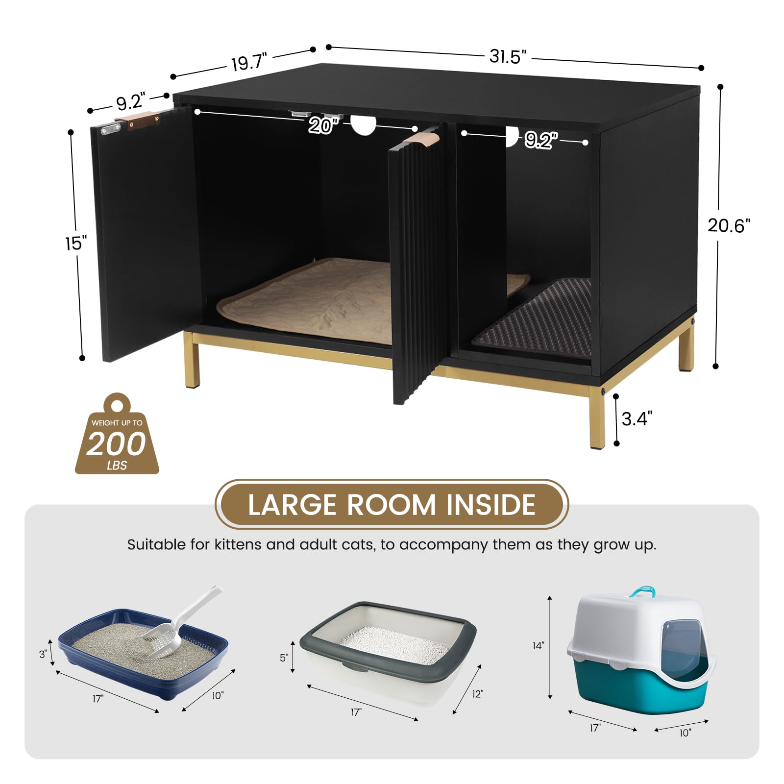 Cat Litter Box Enclosure, Hidden Litter Box Furniture with Metal Legs, Side End Table Indoor Cat House Storage Cabinet 31.5 x 19.7 x 20 Inches (Black + Gold)