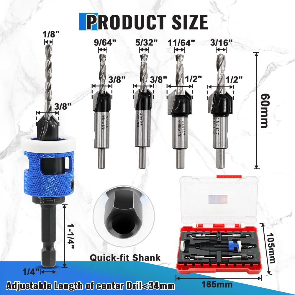Punta svasata regolabile con punta in carburo per legno, punte coniche HSS M2 da 1/8" + 9/64" + 5/32" + 11/64" + 3/16" HSS M2 punte per cacciavite per lavorazione del legno, plastica, legno.