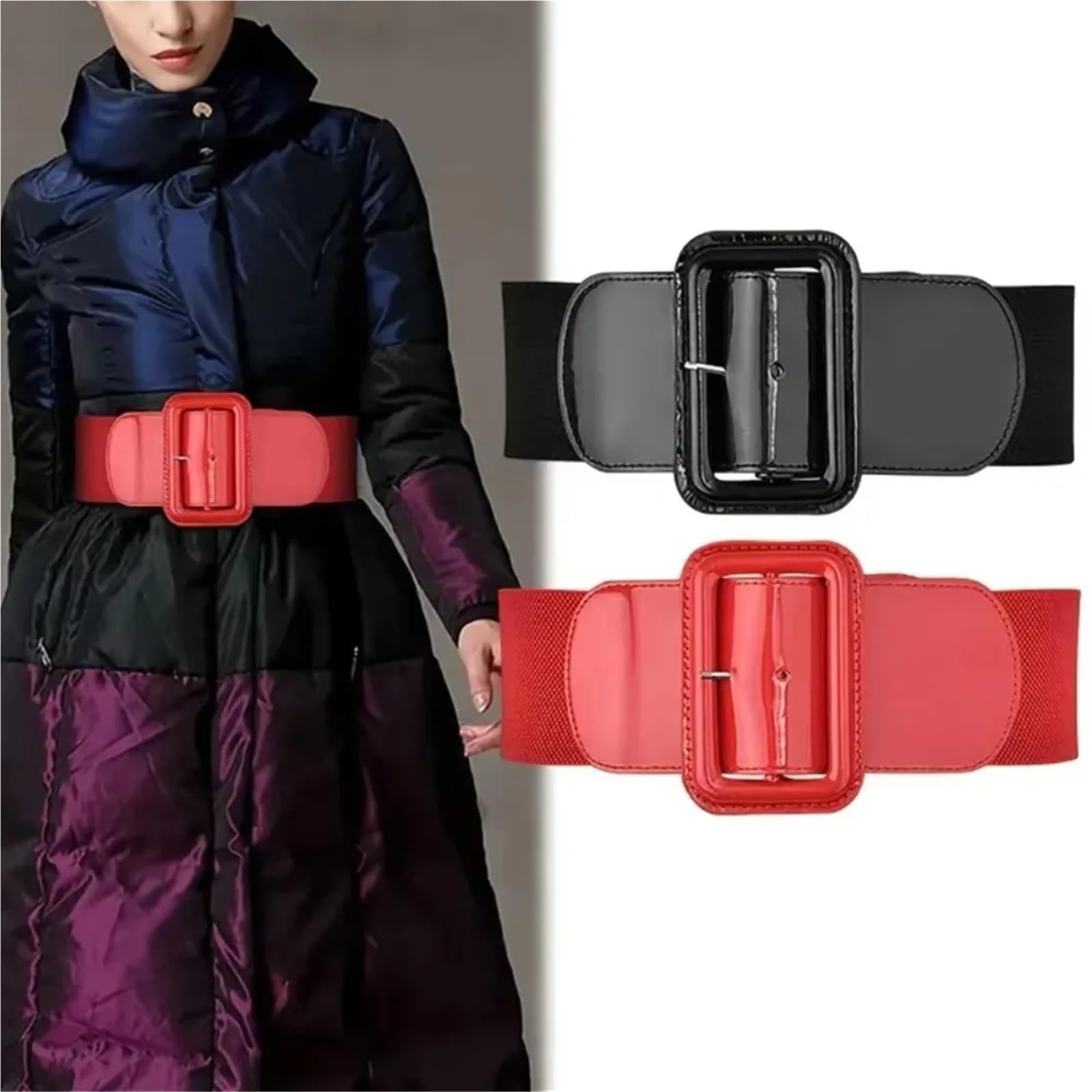 Lot de 2 ceintures extensibles en cuir élastique avec boucle carrée, style corset, for femmes Pour Femmes