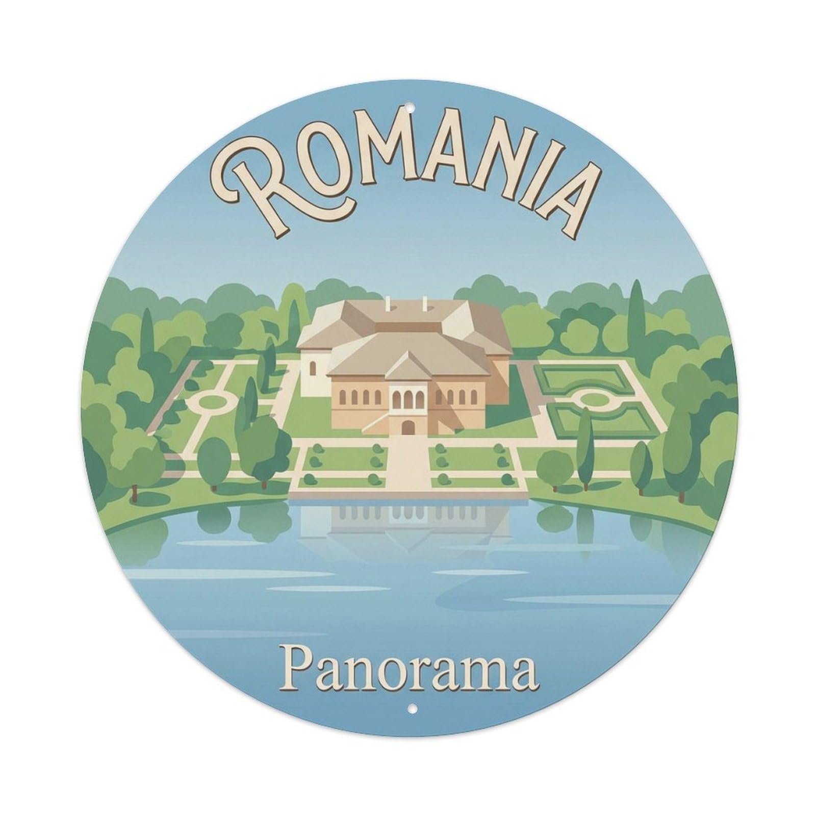 Romania Landmark Palace Panorama City Europe Classic Metal Tin Sign Plaque Wall Decor for Cafe, Man Cave, Club Bar, Office, Home Garden Round Metal Poster 8x8Inch