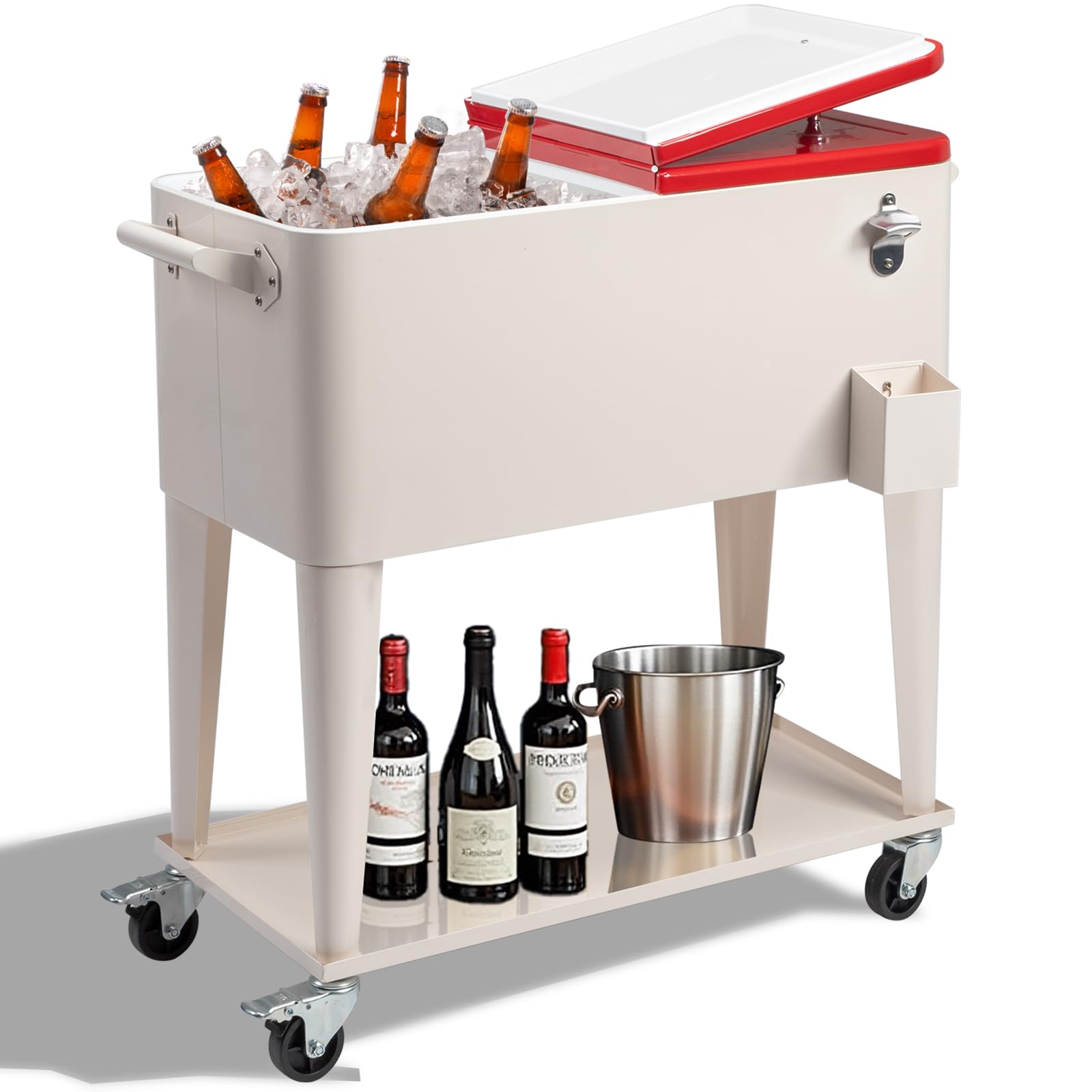 Outvita 80 Quart Rolling Ice Chest, Portable Bar Drink Cooler with Catch Basin, Bottom Storage Tray and Bottle Opener for Patio Party BBQ Beach