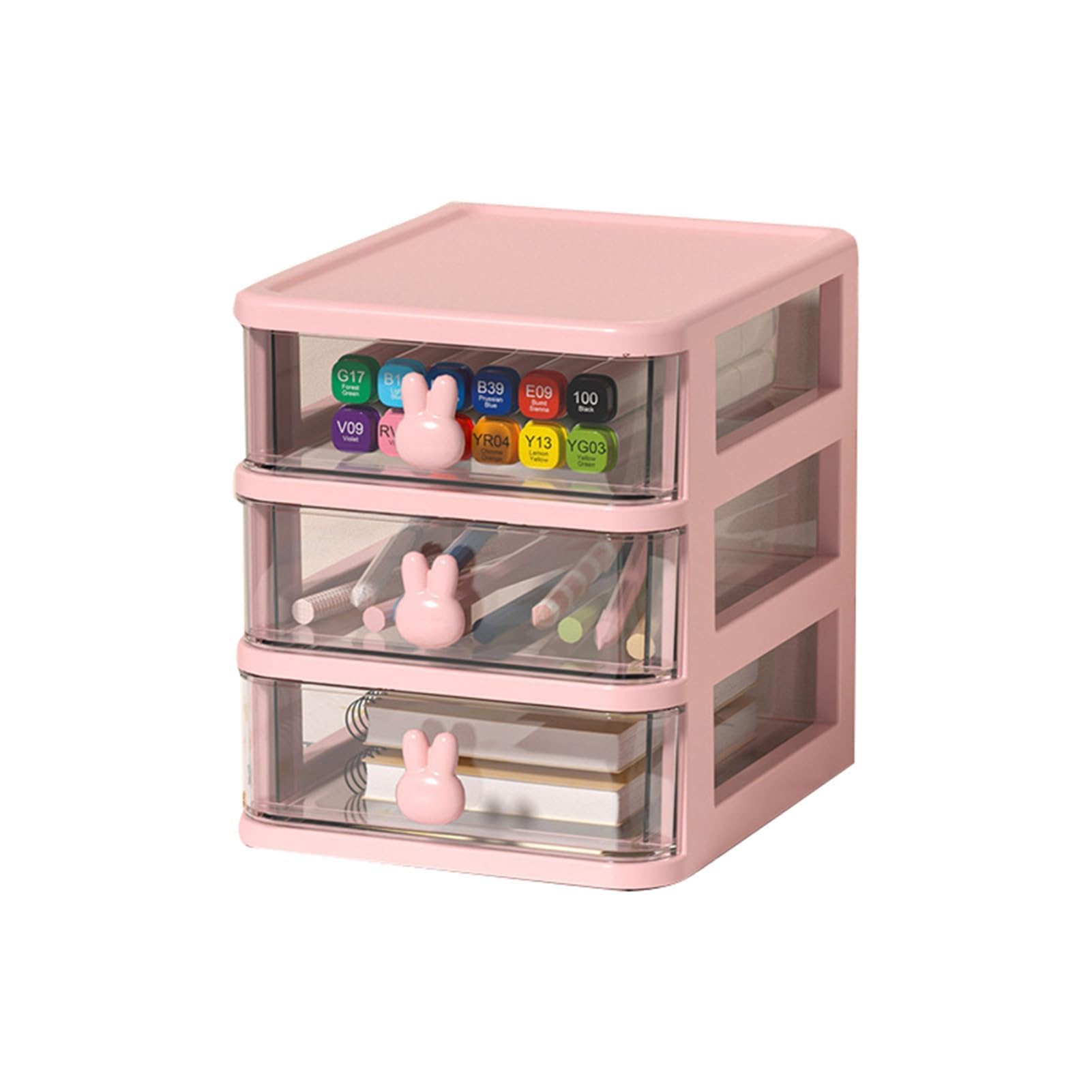 Organizzatore cassetti a 3 livelli rosa, trasparente, con maniglia a coniglietto, per scrivania, accessori, cosmetici