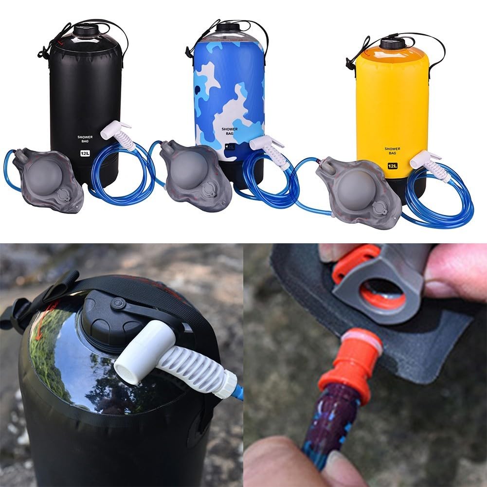 Bolsa de ducha portátil de camping de 12 L con bomba de pie, ducha plegable de PVC 500D para senderismo, playa, lavado de coche, manguera de 200 cm, kit de baño con calefacción solar