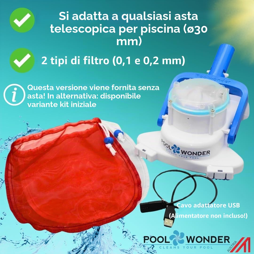 Poolwonder Cleverix - Aspirapolvere a batteria per piscina, prodotto in Austria, super maneggevole, set senza asta