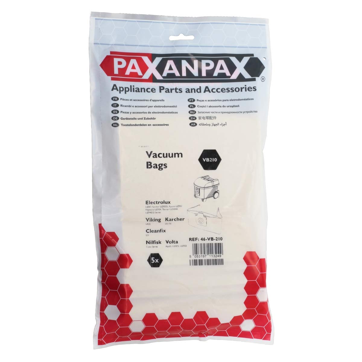 Paxanpax VB210, Lot de 5 Sacs en Papier Electrolux UZ872, Panther UZ930S, Apollo UZ932, Neptune UZ934, Terrier UZ934X, UZ940S2 Viking V925 Karcher 201/TE Cleanfix S05 Nilfisk Cubic Series