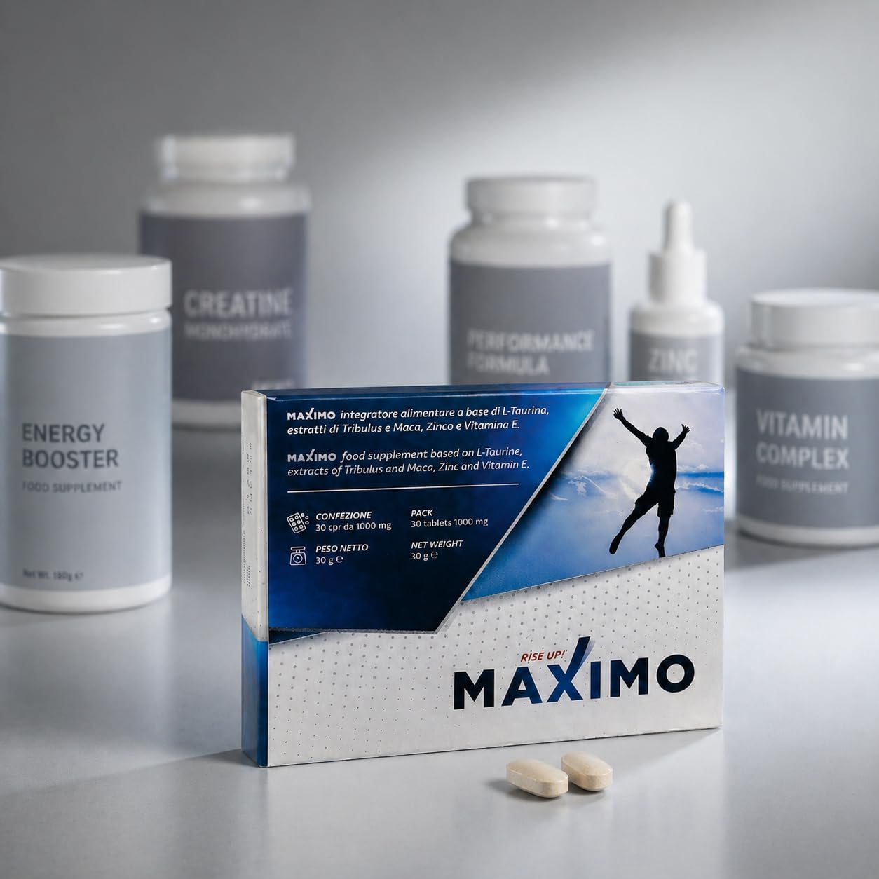 MAXIMO RiseUp Integratore Energia e Vitalità | Maca, Taurina, Zinco e Vitamina E | Supporto al Metabolismo Energetico | 30 Compresse Senza Glutine e Lattosio