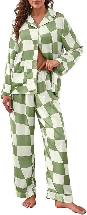 Brosloth Women's Silk Pajamas Button Up Long Sleeve Set