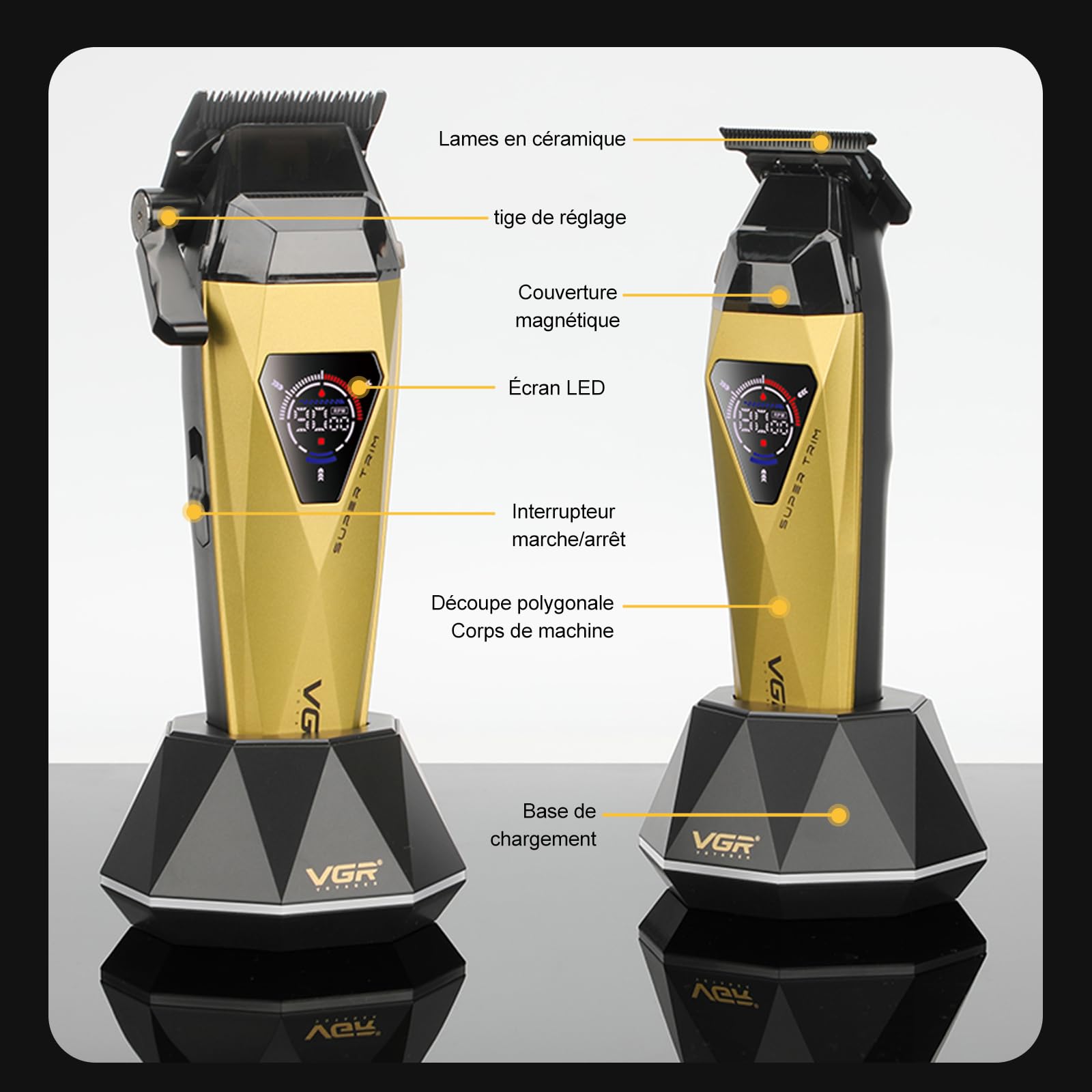 VGR 877S2 Tondeuse Cheveux Hommes Professionnel Set, Zero Gap Tondeuse Barbe et Cheveux Homme Sans Fil avec Moteur 8000/9000 tr/min, Kit Coiffure Homme avec Station de Charge et Écran LED, Or