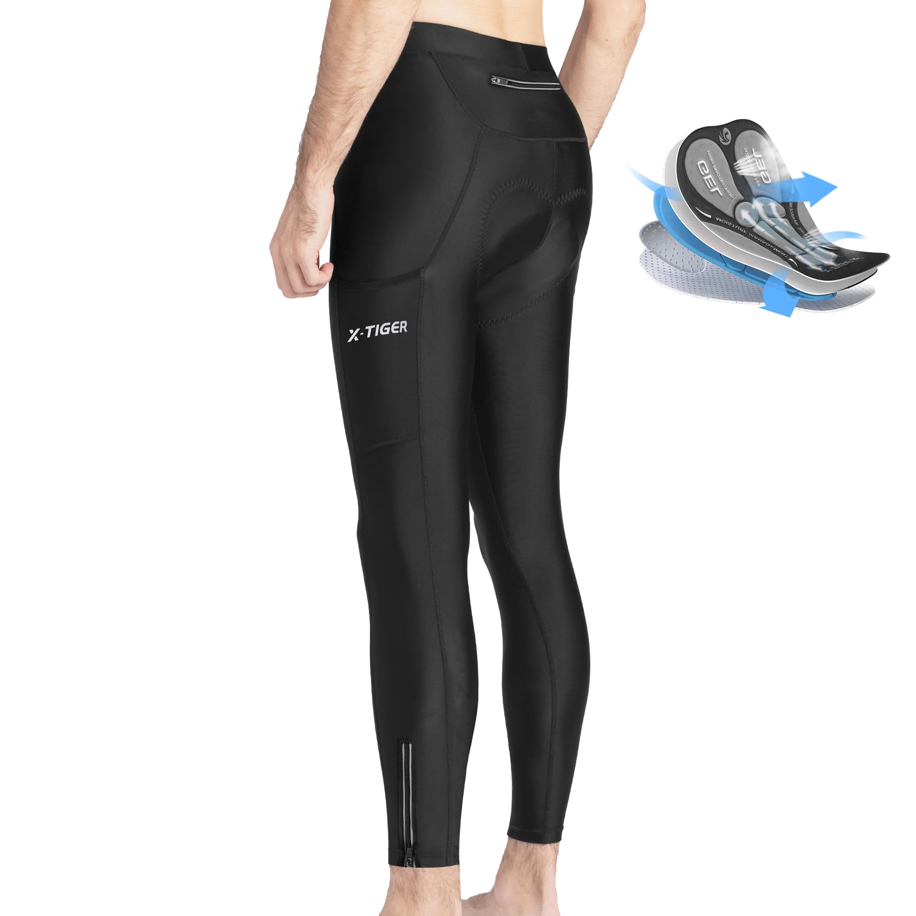 X-TIGER Herren Fahrradhose Lang Radlerhose Elastische Atmungsaktive Leggings Radsport Mit 5D Gel Sitzpolster Herren Lang Mit 3 Taschen