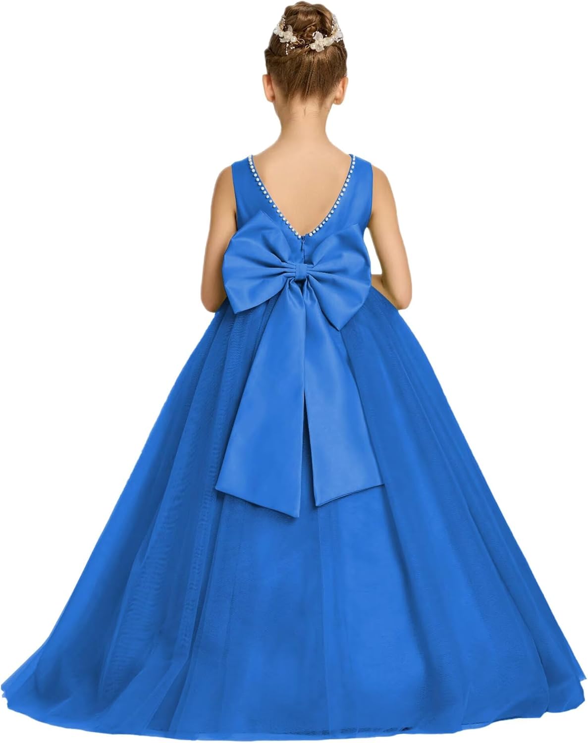 Tulle Flower Girl Dress Bow Satin Communion Pearls Pageant