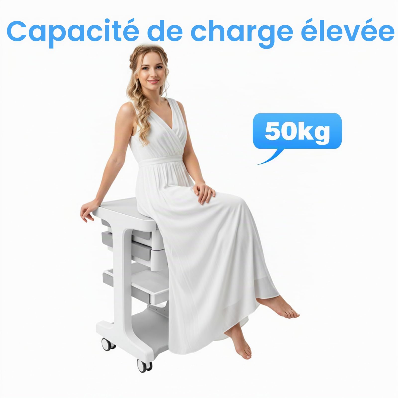 Chariot de laboratoire avec 2 tiroirs et étagère supérieure - 60 kg - Chariot de rangement - Chariot de rangement - Chariot de coiffeur - Chariot de travail - Chariot de service pour clinique et salon