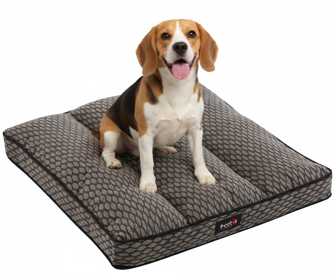 Large Dog Bed – Elegant Cloud Touch Jacquard Mat – Soft Warm and Sophisticated – Removable and Non-Slip – Made in Spain – Size L – Lowie Leaves Marengo – 80 x 80 x 6 + Cotes