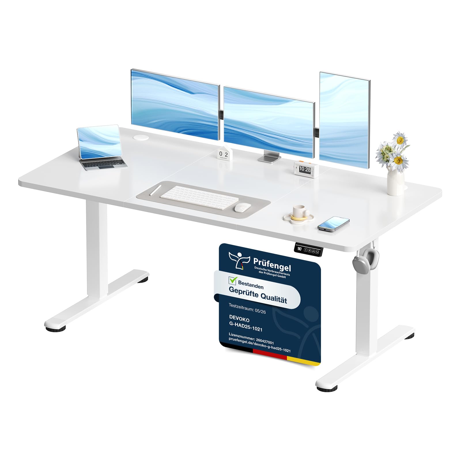 Devoko Elektrisch Höhenverstellbarer Schreibtisch 160 x 60cm, Stabiler Schreibtisch Höhenverstellbar Tisch, Steh-Sitz Bürotisch, Computertisch mit Memory-Funktion, Stehpult, Standing Desk, Weiß