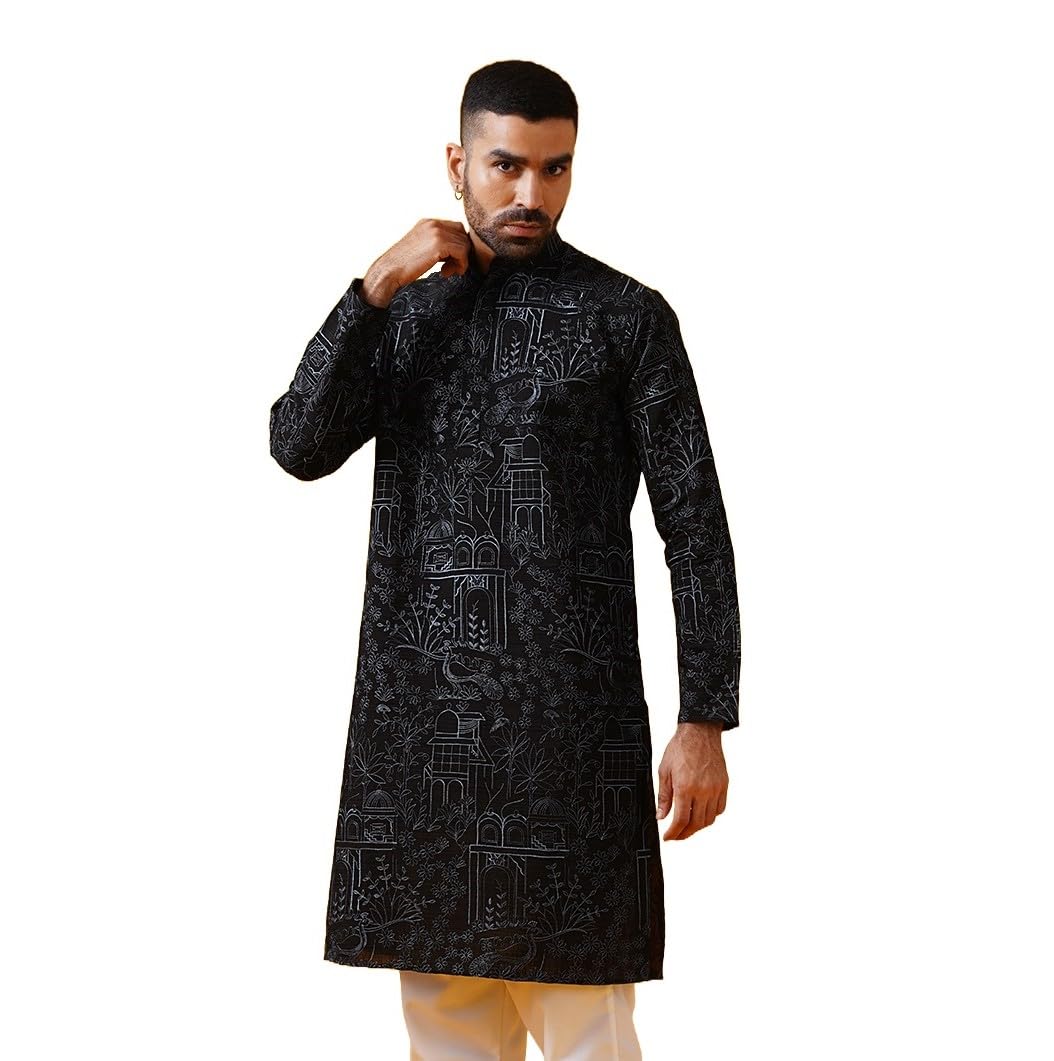 Sojanya (Since 1958 Men's Cotton Silk Kantha Thread Embroidered Black Long Kurta