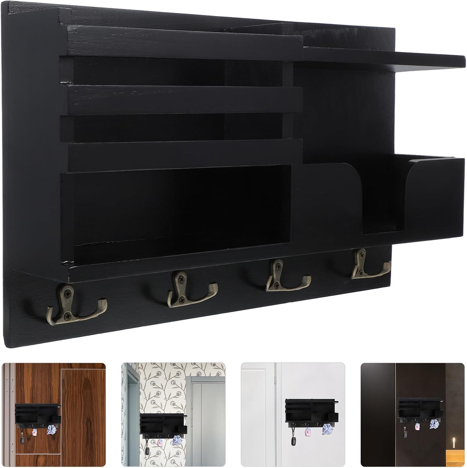 Wall-Mounted Wooden Key Rack and Mail Organizer with Hooks, Solid Wood Entryway Storage Shelf for Keys, Mail, and Pet Leash, Space-Saving Home Decor for Mudroom and Living Room