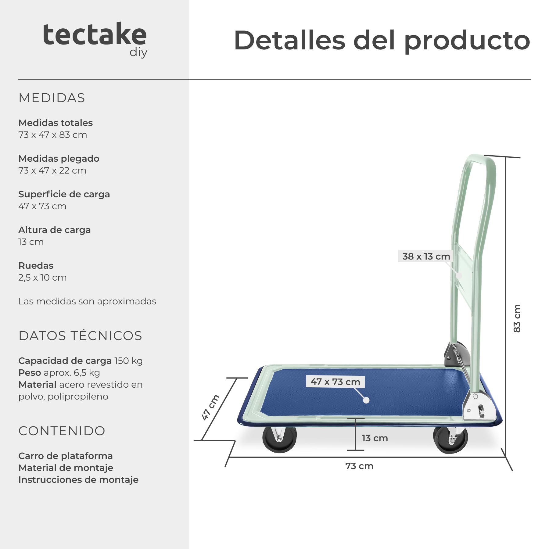 Tectake Carretilla Plegable de Mano 150 Kilos, Carro Transporte con 2 Ruedas Fijas y 2 Giratorias, 73x47x83 cm