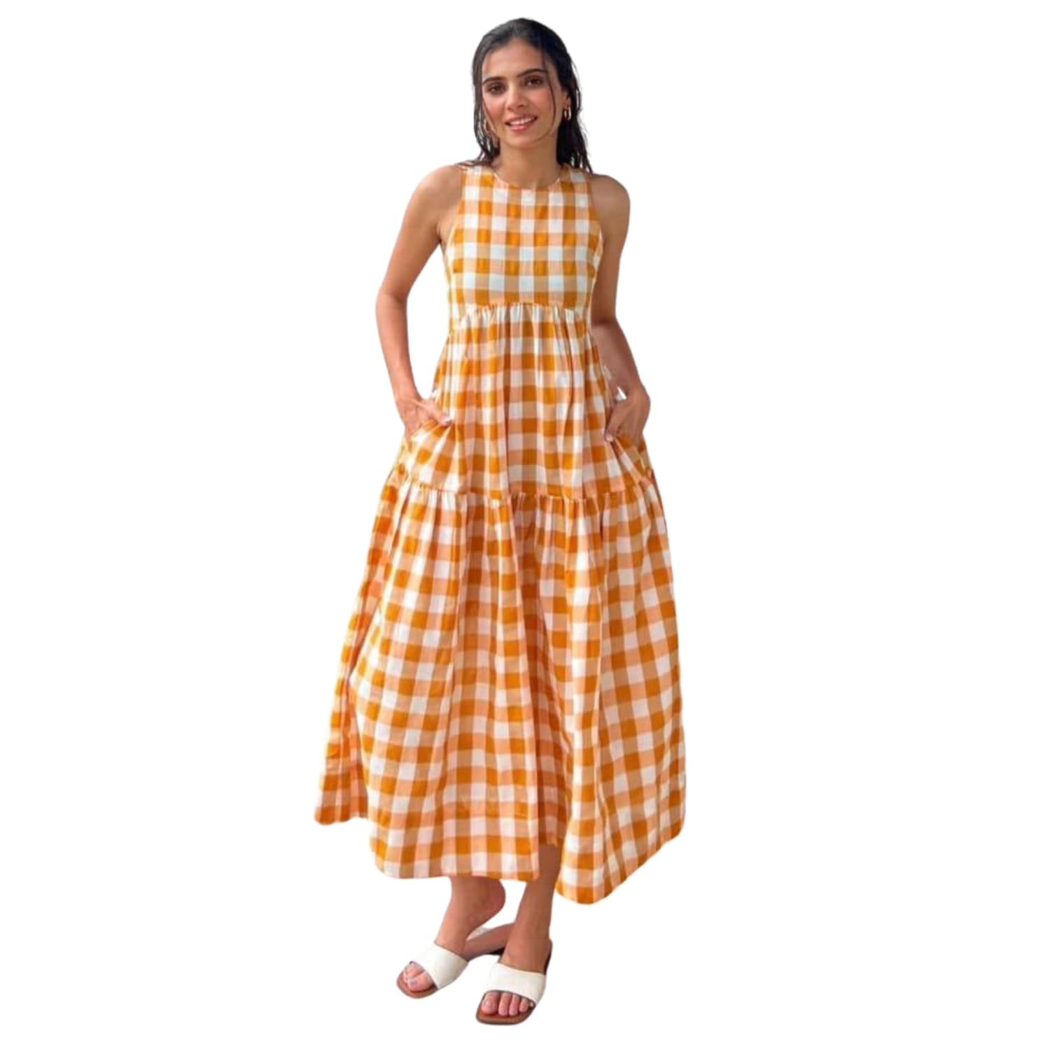 Women's Sleeveless Tiered Maxi Dress | Checkered Casual Long Dress with Pockets | Round Neck Flowy A-Line Summer Dress | Comfortable Everyday Wear for Women-picture-24