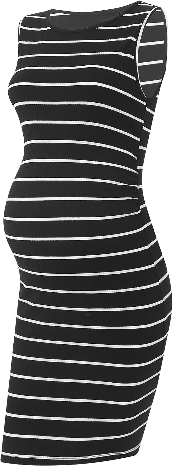 Womens Summer Maternity Dress Side Ruching Sleeveless Striped Bodycon Dresses