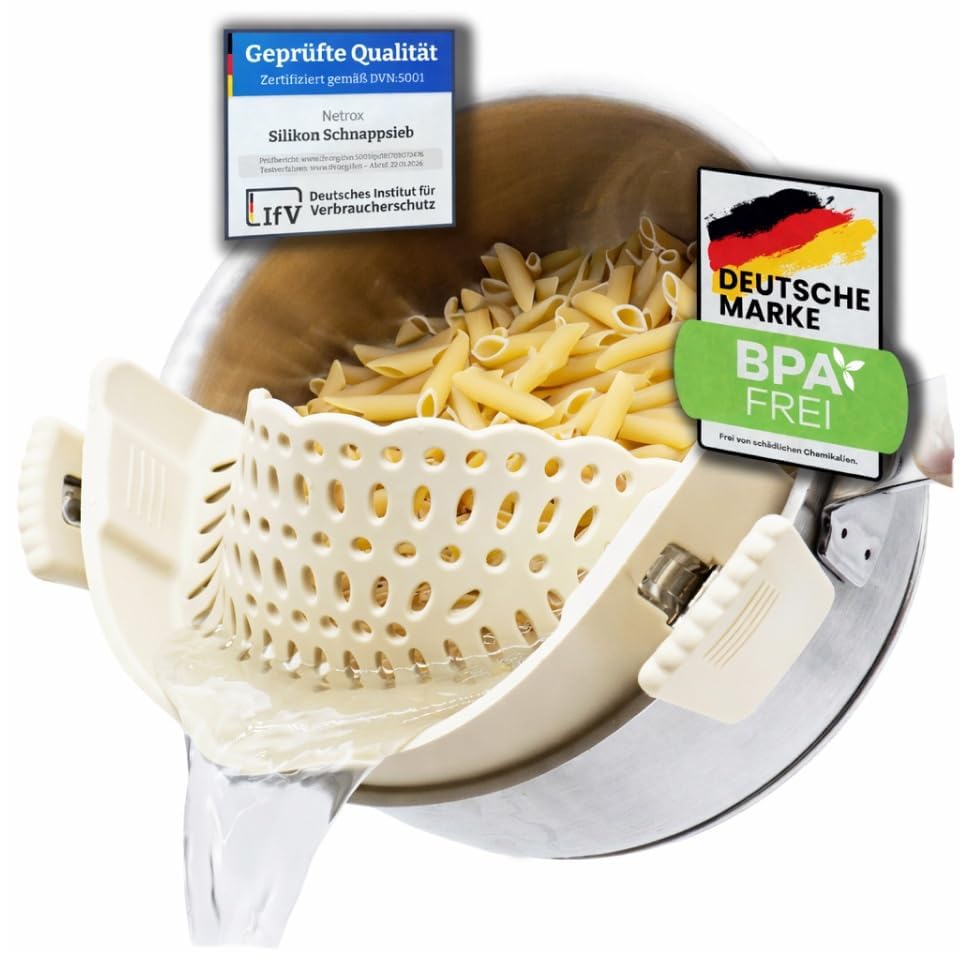 Netrox Schnappsieb aus Silikon, Nudelsieb Aufsatz für Topf & Pfanne