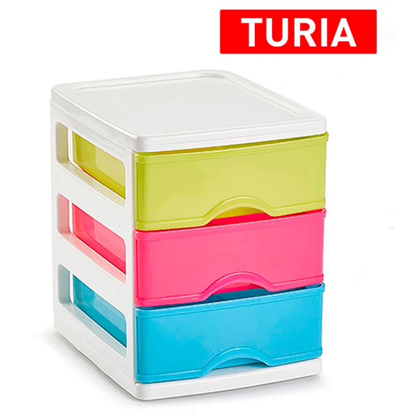 Cajonera Turia de plástico 3 cajones multicolor torre almacenaje sobremesa 17 x 13,5 x 17 cm Blancolor