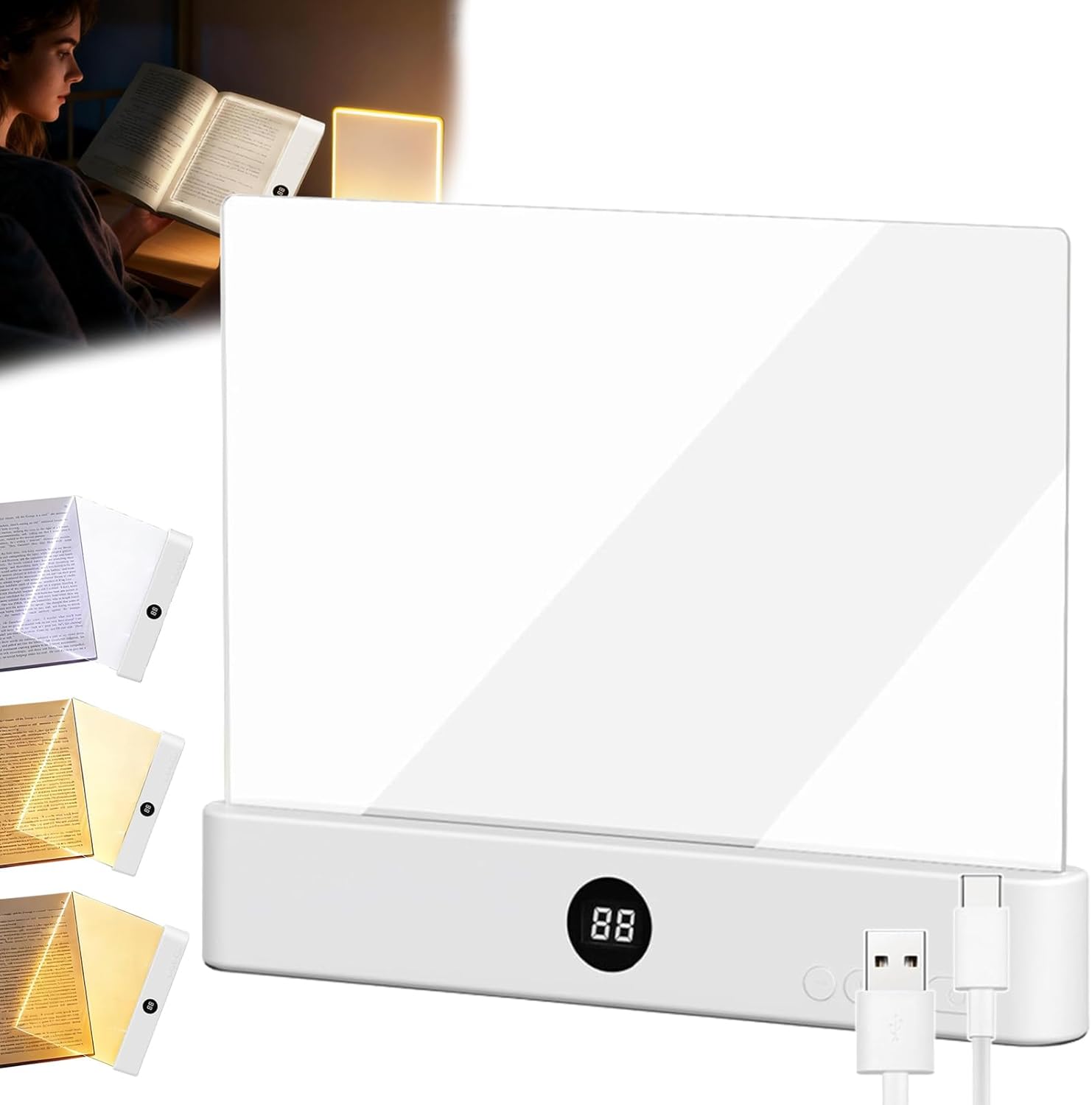 Rechargeable LED Flat Book Lamp with 3 Colours and 99 Minute Timer, Ultra Thin Panel Bright Page for Books, Bright Chandeliers Portable Book (White)