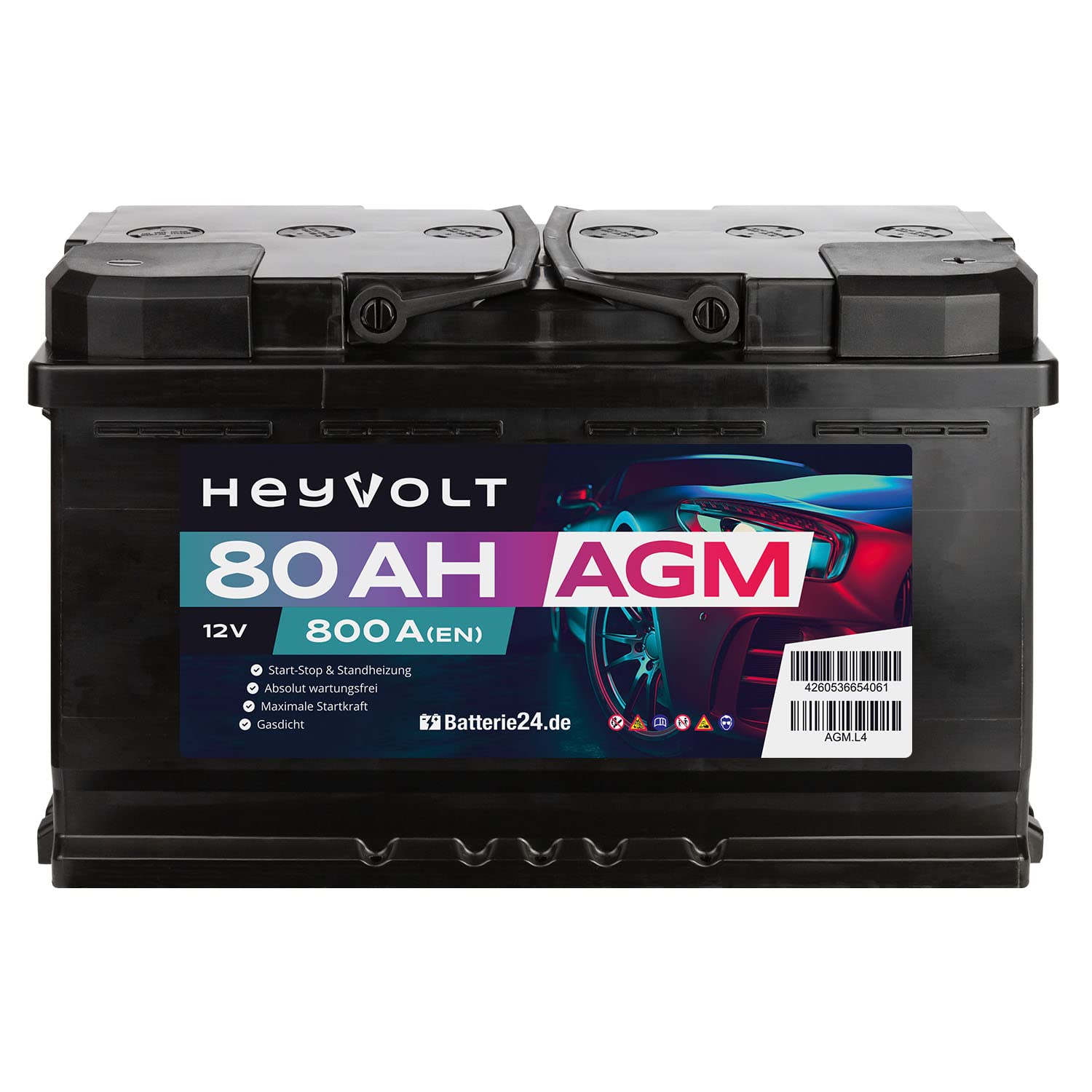 HeyVolt Autobatterie 12V 80Ah 800A/EN AGM Start-Stop, Standheizung geeignet | Starterbatterie, absolut wartungsfrei