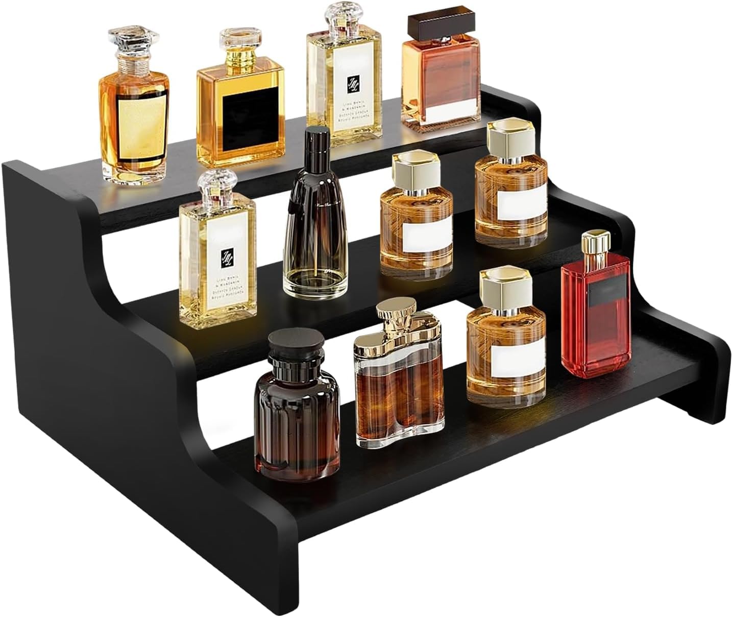 Wooden Cologne Organizer for Men, Perfume Organizer Stand, Cologne Stand with Anti-Slip Washers, Wooden Display Risers Stand for Figures, Fragrances, Dessert, Cupcake, Makeup (Black, 3-tier-11.8in)-image-36