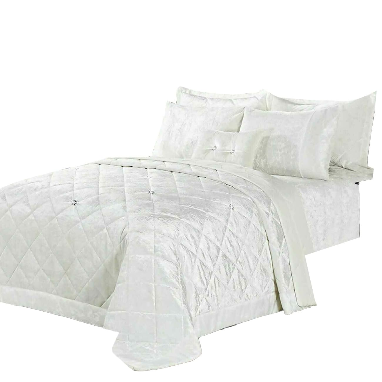 Prime Linens Luxurious Velvet Quilted Bedding Set - 3 Piece - Double, King, Super King - White-Velvet Bedspread - Pillow Sham - Geometric Pattern