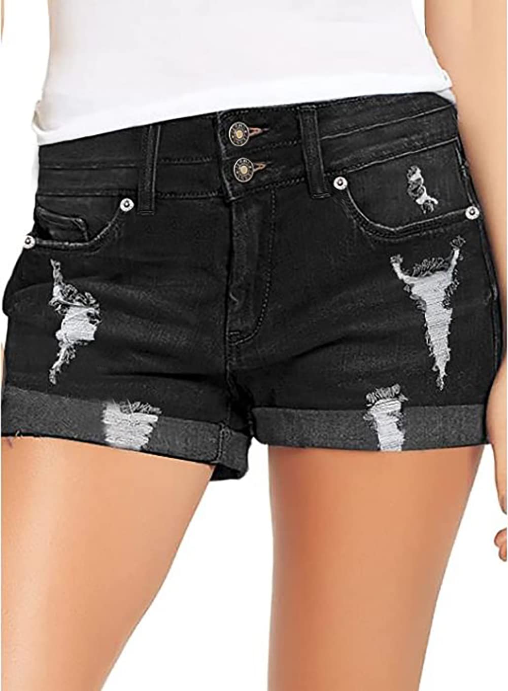 Necooer Damen Casual Ripped Denim Shorts Mittlere Taille Kurze Jeanshose mit Taschen