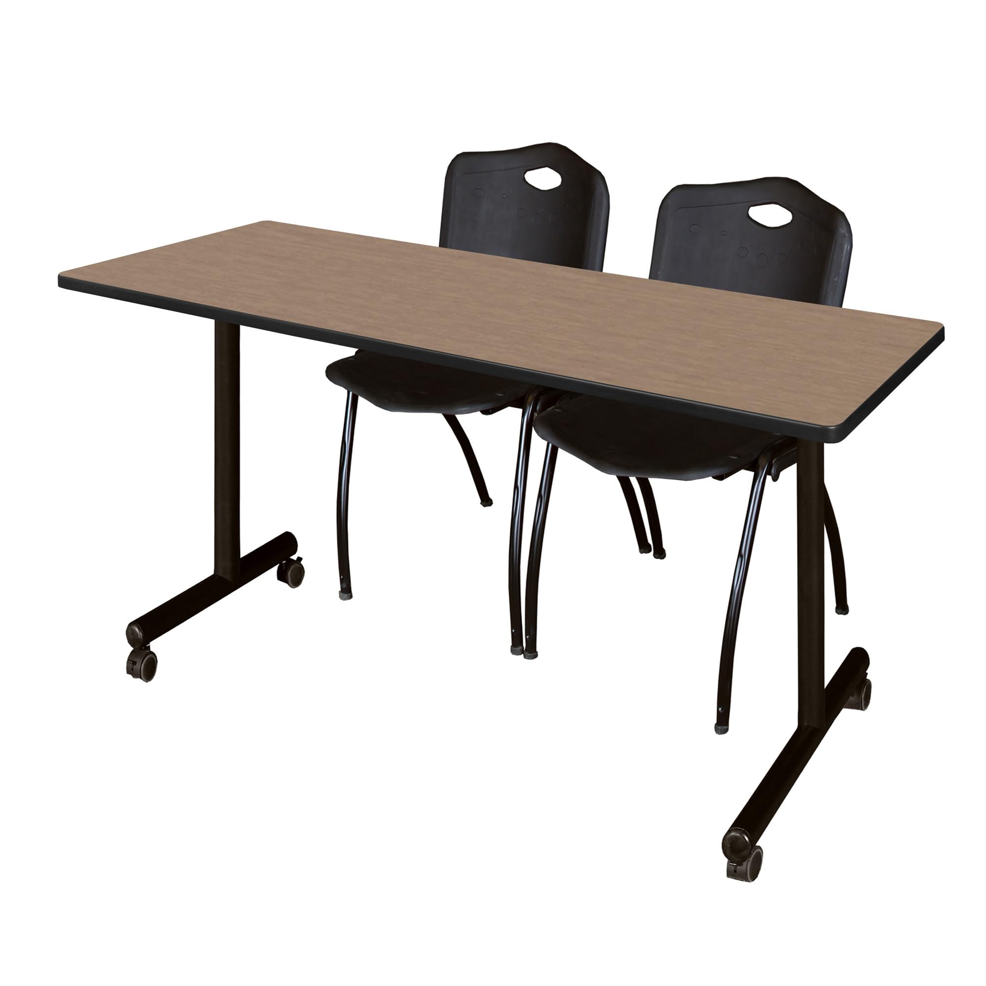 Romig Axis-Pro 66 x 24 in. Mobile T-Base Training Table- Noble Oak, 2 M Stack Chairs- Black