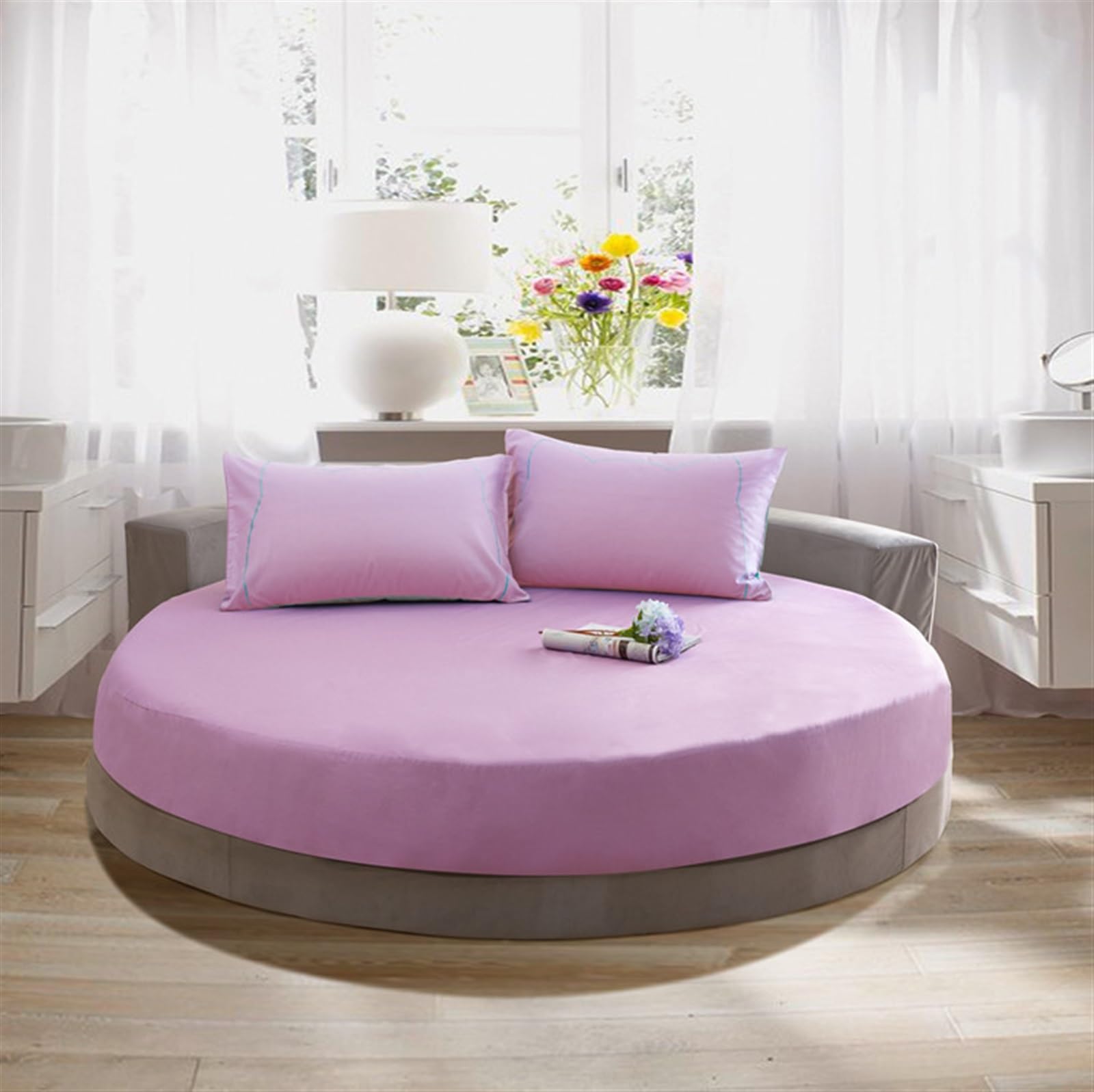 Round bed Fitted Sheets Cotton fabric solid color bedspread soft health Mattress Protectors(Purple,Diameter 2.4m)