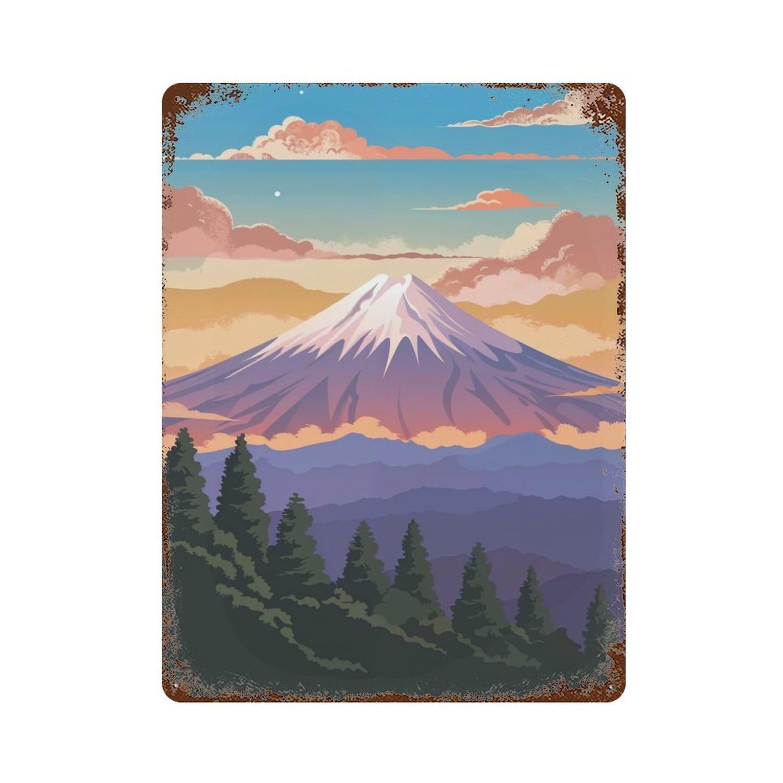 Mount Fuji Sunset Retro Metal Sign 15.7"x11.8", for Pub, Kitchen And Man Cave Decor, Industrial Home Decor