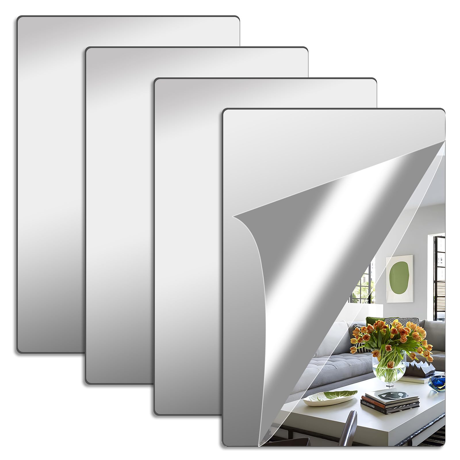 Lot De 4 Miroirs Autocollants, 20 X 20 Cm, Film Miroir, Miroir Mural Acrylique Epaisseur 1 Mm Miroirs Autocollants Pour Salle De Bain Salon Chambre Placard 87336060
